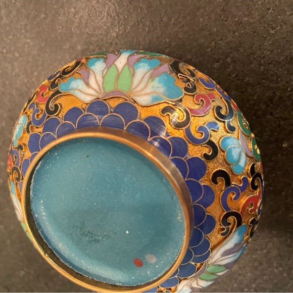 Teal Enamel and Brass Floral CLOISONNE Bowl trinket dish Made in India 3” - Picture 3 of 5